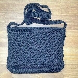 Black Crochet Shoulder Bag Handmade Boho Knit Crossbody Purse